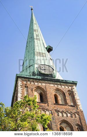 Architectural details of Saint Pyotr's church - cathedral church of Roman Catholic Diocese of Riga Latvia Europe. For the first time Saint Peter's church is mentioned in chronicles of 1209