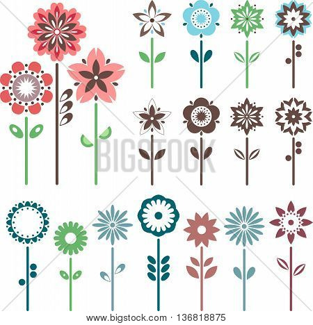 Fun flowers set. Easy to edit vector image.