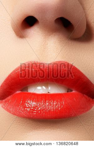 Woman's Lips With Red Lipstick. Beauty And Fashion