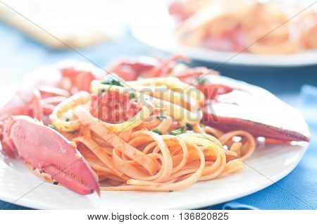 delicious cooked Italian pasta with a sauce of lobster