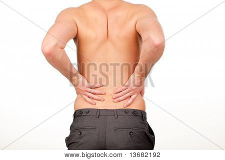 Backpain 흰 배경에 고립 된 젊은 남자