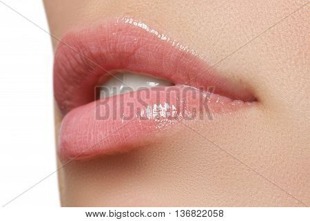 Beautiful Full Pink Lips. Lipstick. Professional Make-up