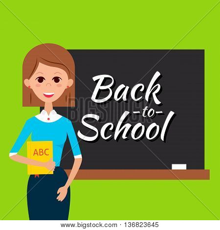 Teacher With Book And Back To School Blackboard