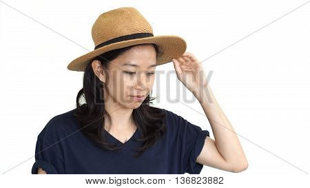 Casual Friendly Asian Girl Wearing Hat Relaxing And Smiling On Isolated Background