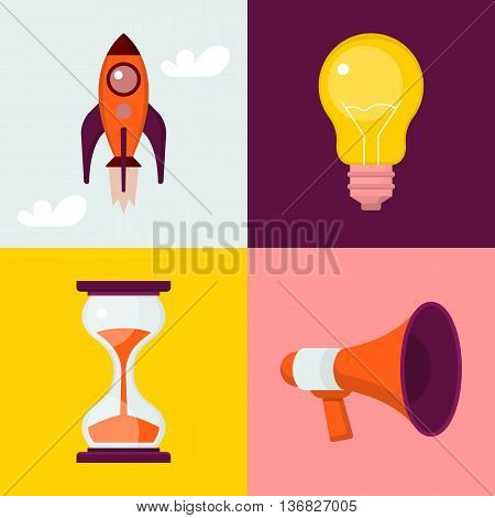 Set of flat icons : rocket light bulb sand clock megaphone.