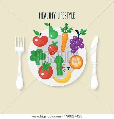 Vegetables and fruits flat icons on plate. Healthy lifestyle concept.