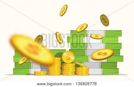 Big stacked pile of cash banknotes and some blur gold coins. Flat style illustration. EPS 10 .
