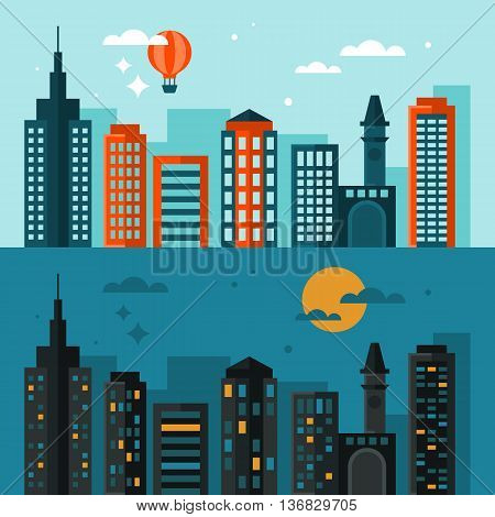 Flat modern design of city skyline at day time and night time