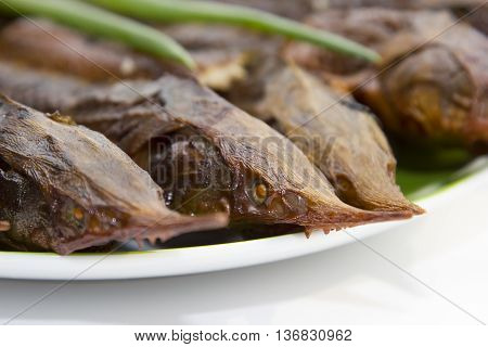 Hot smoked sturgeon on a plate on White background