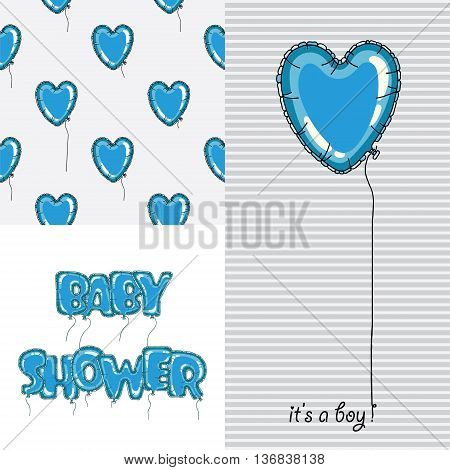 Adorable baby shower set. Baby shower invitation. Vector seamless pattern for baby shower card design. Vector seamless kids pattern. Cute balloon baby shower pattern.