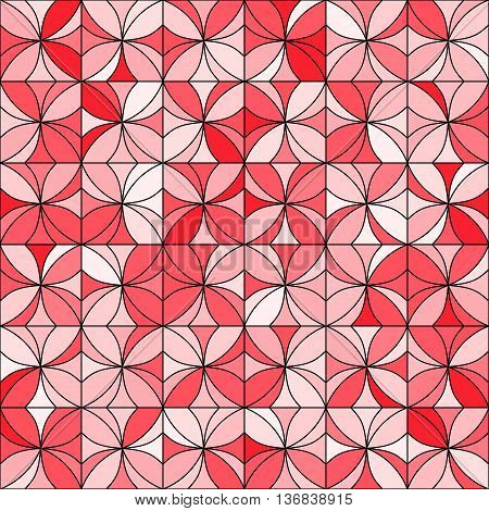 Abstract floral mosaic background. Stylized flowers randomly colored in shades of red with black outline. Seamless repeat.
