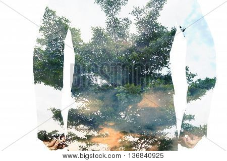 Double Exposure Of Businessman With Big Tree And Leaf As Business Team Work Concept