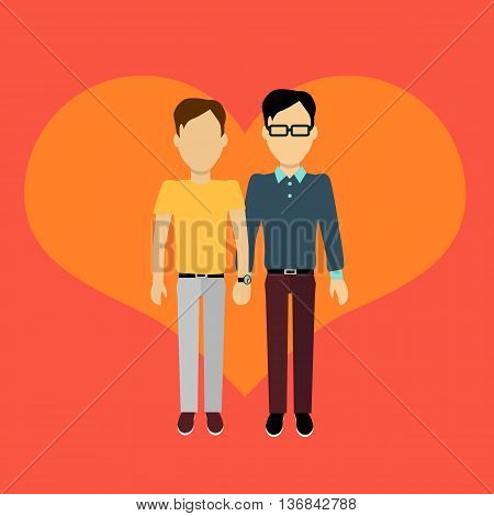 Couple in love homosexual banner flat design style. Man and boy holding hands. In the background of the heart silhouette. Romantic banner flat together male a gay couple, vector illustration