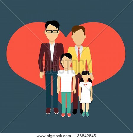 Happy family homosexual concept banner design flat style. Young family gay man and a woman with a son and daughter. Mother and father with child happiness lifestyle, vector illustration