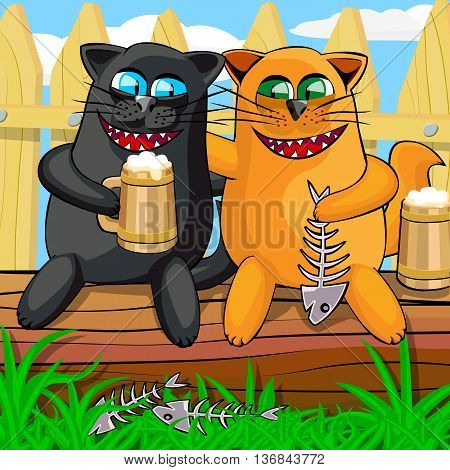 Black cat and red cat drinking beer while sitting on the bench. The cats look happy keep the mug in his paws and fish skeleton. Cats are sitting on the background of the wood fence behind which one can see the blue sky. Cartoon vector illustration.