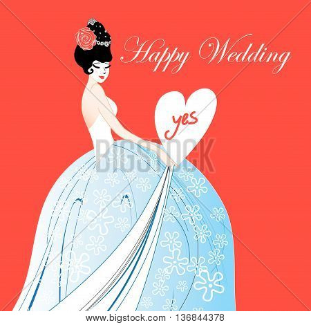 Wedding card with a lovely bride on a red background