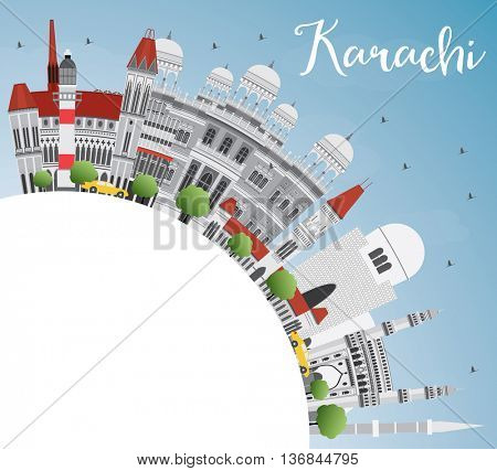 Karachi Skyline with Gray Landmarks, Blue Sky and Copy Space. Business Travel and Tourism Concept with Historic Buildings. Image for Presentation Banner Placard and Web Site.