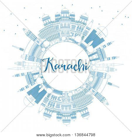Outline Karachi Skyline with Blue Landmarks and Copy Space. Business Travel and Tourism Concept with Historic Buildings. Image for Presentation Banner Placard and Web Site.