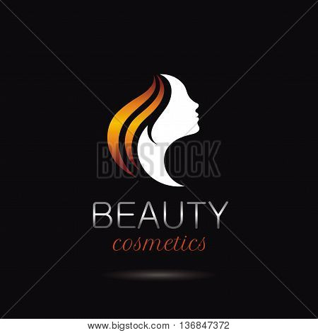 Elegant luxury logo with beautiful face of young adult woman with long hair. Sexy symbol silhouette of head with text lettering
