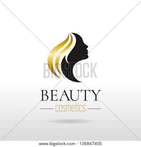 Elegant luxury logo with beautiful face of young adult woman with long hair. Sexy symbol silhouette of head with text lettering