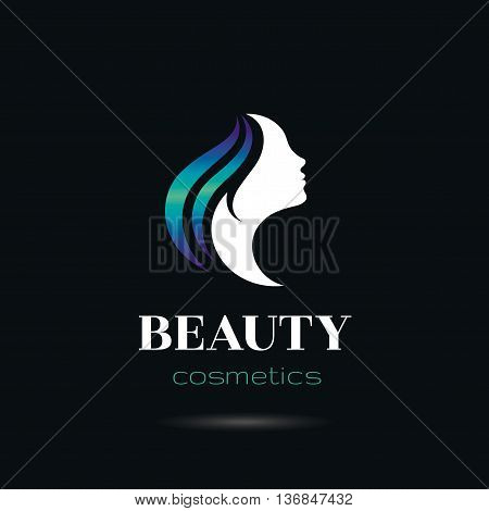 Elegant luxury logo with beautiful face of young adult woman with long blue hair. Sexy symbol silhouette of head with text lettering Beauty cosmetics on black background for hair dress, SPA salon