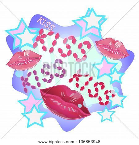 sticker with glossy lips and the words kiss surrounded by stars