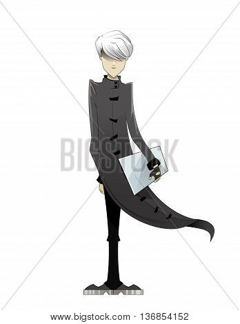 Programmer, coder, hacker, designer in long white cloak and white hair with laptop in hand. Manga style. Vector illustration on white background