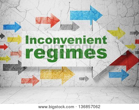 Political concept:  arrow with Inconvenient Regimes on grunge textured concrete wall background, 3D rendering