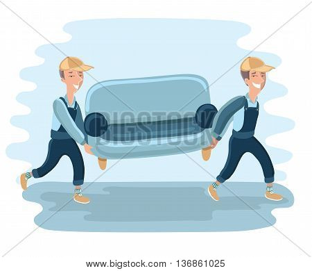 Funny Delivery character man movers carry sofa. Vector detailed illustration isolated on white background.