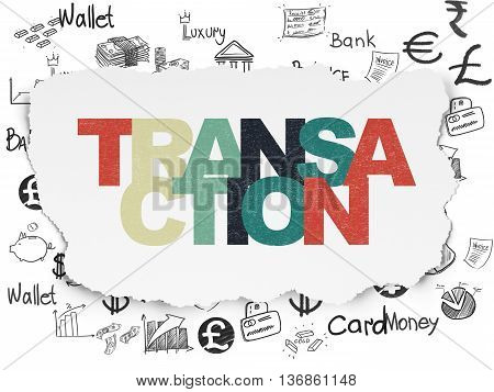 Money concept: Painted multicolor text Transaction on Torn Paper background with  Hand Drawn Finance Icons