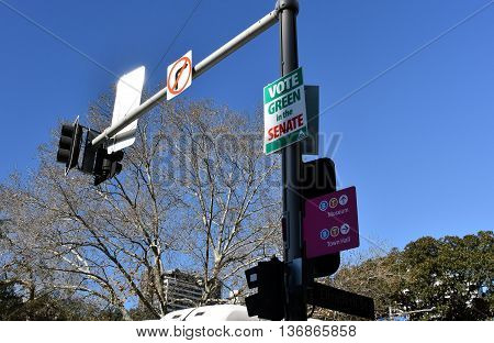Sydney Australia - July 2 2016. "Vote Green in the Senate" poster at Hyde Park Sydney. Australian Federal Elections 2016.