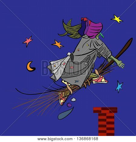 vector illustration of a funny witch gliding in a night sky on her broomstick magic halloween design