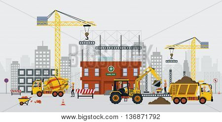 Construction engineers are building with cranes and cement trucks.