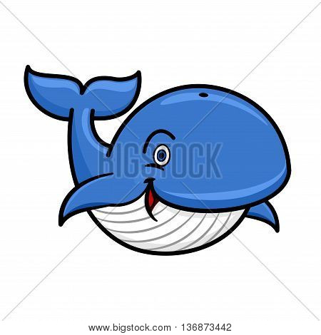 Cartoon baleen whale character with blue spine and striped white underside swimming with playfully raised tail and happy smile. Use as marine wildlife mascot or t-shirt print design