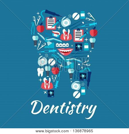 Dental care and dentistry flat icons in a shape of a tooth with dentist chairs and instruments, toothbrushes and floss, decayed teeth and implants, braces and dental x rays, clipboards with checkup forms and healthy smiles with apples