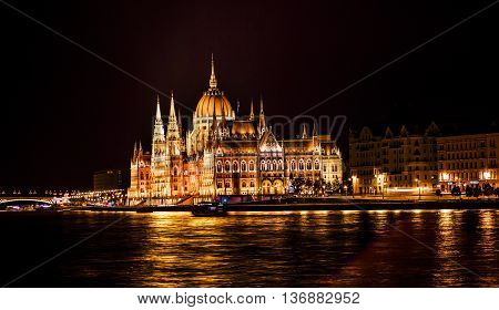 Parliament Building Boats Margaret Bridge Danube River Reflection Budapest Hungary. Parliament Building built between 1885 to 1904.
