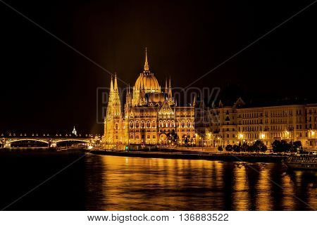 Parliament Building Boats Danube River Reflection Budapest Hungary. Parliament Building built betwwn 1885 to 1904.
