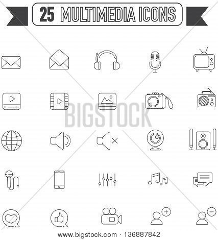 Flat line silhouette multimedia and social media tool equipment sign and symbol icon collection set create by vector