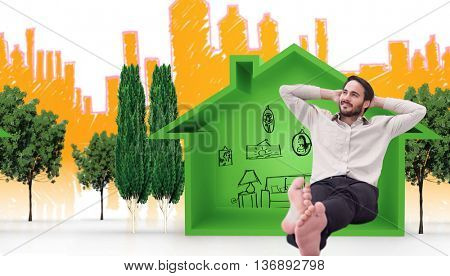 Man sittng on the floor against view of house icon