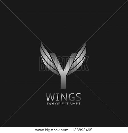 Y letter logo. Silver wings symbol. Silver Y letter logo template for air company