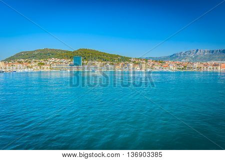 Waterfront view at coastline of city Split in summer time during touristic season, Croatia Europe.