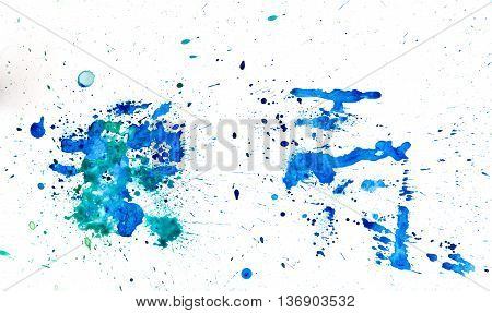 Green bluea watercolour splatter. Blue ink spot blotch isolated. Beautiful watercolor smudges