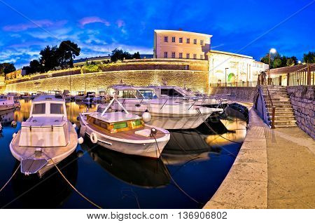 Zadar city walls and Fosa harbor evening panorama Dalmatia Croatia