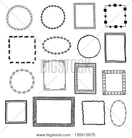 Hand drawn doodle frames, borders vector set. Frame sketch for decoration, drawing frames in form square and circle illustration