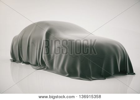 Car covered with grey veil on light background. 3D Rendering