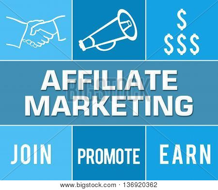 Affiliate marketing concept image with text and related symbols.