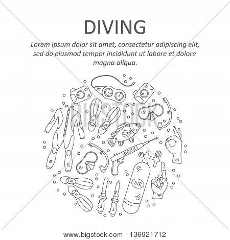 Vector card with diving equipment. Diving line icons of scuba, oxygen balloon, diver knife, harpoon, spear gun, gauge, camera.