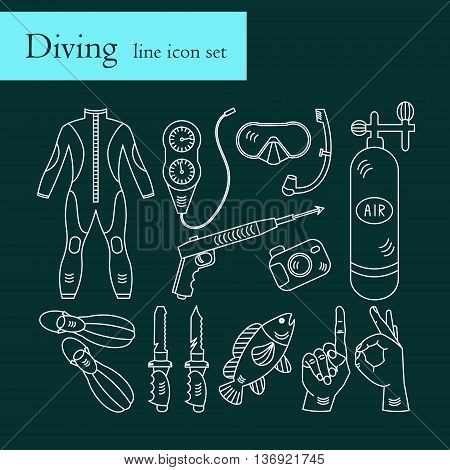 Vector line icons with diving equipment. Linear icons of scuba, oxygen balloon, diver knife, harpoon, spear gun, gauge, camera.