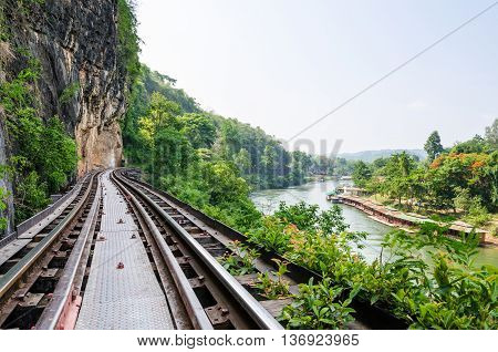 Beautiful landscape Death Railway bridge over the Kwai Noi River at Krasae cave in Kanchanaburi province Thailand