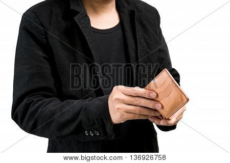 businessman wearing a black suit hands holding open wallet